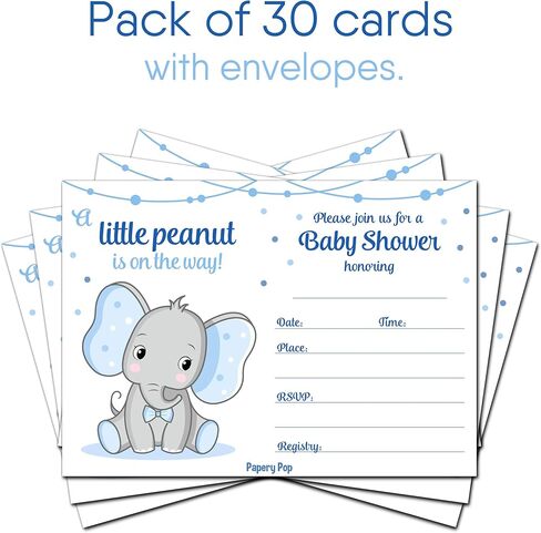 30 دعوة لحفل استقبال المولود للأولاد مع أظرف (30 حزمة) - الفيل - بطاقات الدعوة لحفل استقبال المولود الجديد - تناسب بشكل مثالي مع ديكورات ولوازم استحمام الطفل الزرقاء للأولاد in Kuwait