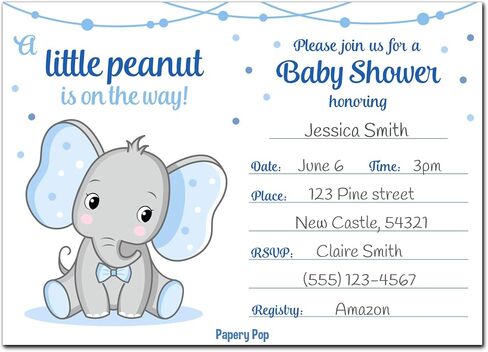 30 دعوة لحفل استقبال المولود للأولاد مع أظرف (30 حزمة) - الفيل - بطاقات الدعوة لحفل استقبال المولود الجديد - تناسب بشكل مثالي مع ديكورات ولوازم استحمام الطفل الزرقاء للأولاد in Kuwait