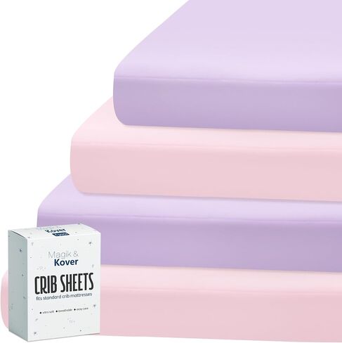 Magik & Kover Mini Crib Sheets Girl 4 Pack, Pink & Violet | Soft, Breathable Baby Crib Sheet for Mini Crib Mattress and Playard Mattress, 38" x 24" x 5" in Saudi Arabia