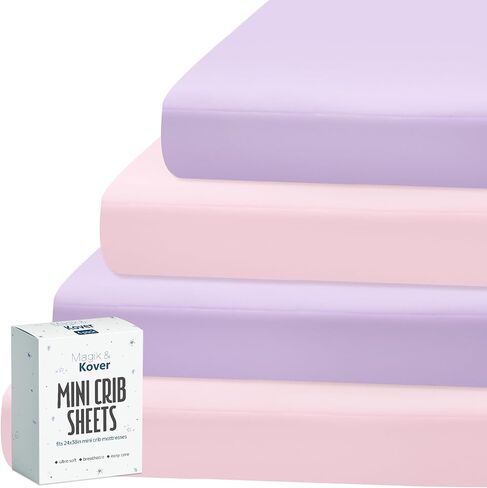Magik & Kover Mini Crib Sheets Girl 4 Pack, Pink & Violet | Soft, Breathable Baby Crib Sheet for Mini Crib Mattress and Playard Mattress, 38" x 24" x 5" in Saudi Arabia