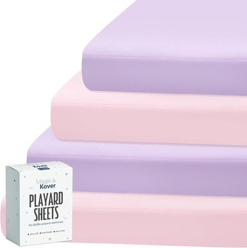 Magik & Kover Mini Crib Sheets Girl 4 Pack, Pink & Violet | Soft, Breathable Baby Crib Sheet for Mini Crib Mattress and Playard Mattress, 38" x 24" x 5" in Saudi Arabia