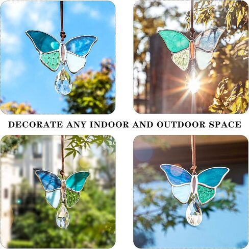 H & D HYALINE & DORA مصنوع يدويًا من الزجاج الملون فراشة تيفاني نمط Suncatchers نافذة معلقة زخرفة شجرة عيد الميلاد ديكور قلادة in Kuwait