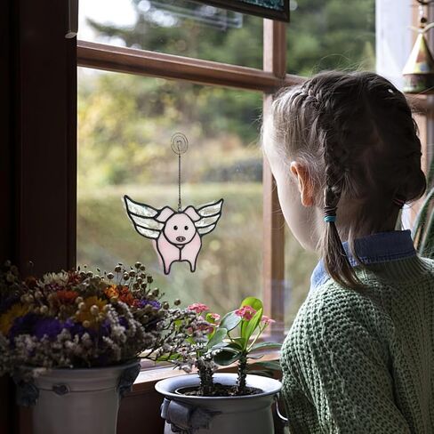 boxcasa الخنزير الطائر ديكور الزجاج الملون suncatcher، لطيف خنزير الزجاج الملون نافذة الشنق مضحك خنزير ديكور خنزير الهدايا للفتيات النساء عشاق أمي خنزير، زخارف حزب خنزير صغير in Kuwait
