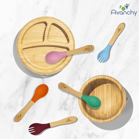 هدايا مافين: مجموعة هدايا إطعام الأطفال من أفانشي بيبي - وعاء شفط بامبو ستاي بوت مع ملعقة وماجوتا وخيزران مع ملعقة وماجنتا - للأطفال بعمر 6 أشهر وما فوق. in Kuwait