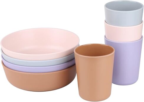 مجموعة أطباق وأكواب من الخيزران للأطفال - 8 قطع من أوعية وأكواب للأطفال الصغار خالية من البيسفينول وصديقة للبيئة وغير سامة وقابلة للتكديس وآمنة للاستخدام في غسالة الأطباق للأطفال in Kuwait