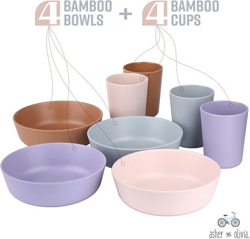 مجموعة أطباق وأكواب من الخيزران للأطفال - 8 قطع من أوعية وأكواب للأطفال الصغار خالية من البيسفينول وصديقة للبيئة وغير سامة وقابلة للتكديس وآمنة للاستخدام في غسالة الأطباق للأطفال in Kuwait