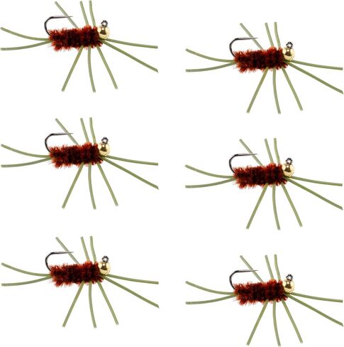 The Fly Fishing Place Tungsten Bead Jigged Pat's أرجل مطاطية Nymph Fly ذباب صيد - بني مع أرجل زيتون - سمك السلمون المرقط والباس نمط الذبابة الرطبة - 6 خطاف ذباب مقاس 10 in Saudi Arabia