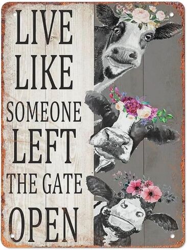 بقرة KAKALULU تعيش مثل شخص غادر البوابة مفتوحة شخصية القصدير علامة خمر هدية خمر علامة معدنية لوحة معدنية رجل كهف بار حانة نادي المنزل الجدار الديكور 12x16 بوصة in Kuwait