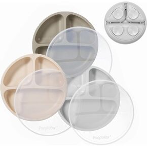 PandaEar Silicone Suction Plates for Babies & Toddlers, 3 Pack Divided Unbreakable Plates with Lid - Non-Slip - Dishwasher and Microwave Safe (Pink Green Light Tan)