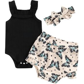 Sejardin Newborn Baby Girl Summer Clothes Letter Print Ruffle Sleeveless Ribbed Romper and Floral Shorts Infant Outfit in Kuwait