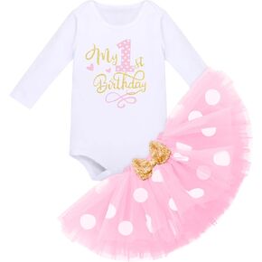 IMEKIS Baby Girls 1st 2nd Birthday Outfit Romper Polka Dots Tutu Skirt Headband Winter Long Sleeve Cake Smash Photo Shoot