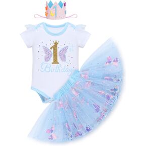 ODASDO Baby Girl's First Birthday Outfit Flower Printed Cotton Short Sleeve Romper Tutu Skirt Crown Headband 3PCS Set
