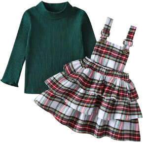Toddler Baby Girls Christmas Outfits Set Long Sleeve Ribbed Knit Tops Plaid Suspender Skirt Infant Fall Winter Clothes in Kuwait