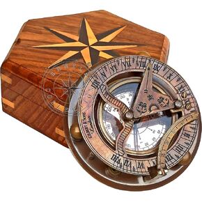 هانزلا كوليكشن ساعة بمينا شمسية مصنوعة يدويا من النحاس الاصفر مع هيكل خشبي - ساعة جيلبرت بمينا شمسية للملاحة بمينا الشمس، ساعة شمسية مغناطيسية، هدية طبق الاصل للسفينة in Kuwait