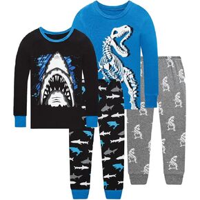 Little bety Boys 4 Pieces Cotton Pajamas Toddlers Long Sleeve 24M-12Years | Soft Sleepwear Sets With Truck ，Dinosaur，Space， UFO ，Shark Prints For Kids in Kuwait