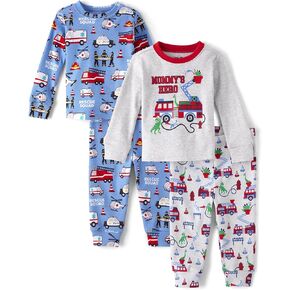The Children's Place Baby Boy's and Toddler Long Sleeve Top and Pants Snug Fit 100% Cotton 4 Piece Pajama Set, Rescue Squad/Moms Hero