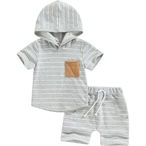 FOCUSNORM Toddler Baby Boy Summer Clothes Stripe Short Sleeve Hooded T-Shirt Elastic Waist Shorts Newborn Infant Boy Outfits
