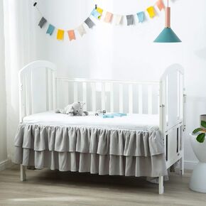 JSD Grey Ruffled Crib Bed Skirt Double Layer Nursery Toddler Dust Ruffle Bedding Skirt 14" Deep Drop