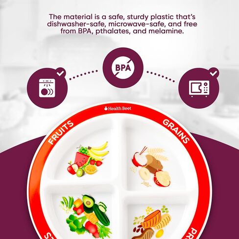 Health Beet MyPlate Portion Control Plate – 4 Divided Sections for Fruit Grains Veggies Proteins - Dishwasher & Microwave Safe Sectioned Plates for Health Education (1-Pack) in Saudi Arabia