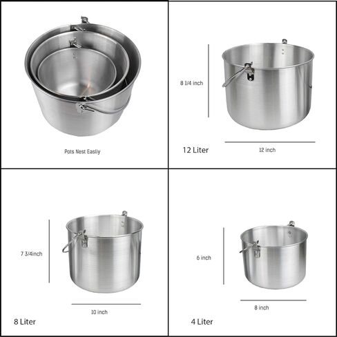 AceCamp Nested Pot Aluminum Lightweight Cooking Pot Set Outdoor Large Stock with lid and folding handle - 4L,8L,12L in Kuwait