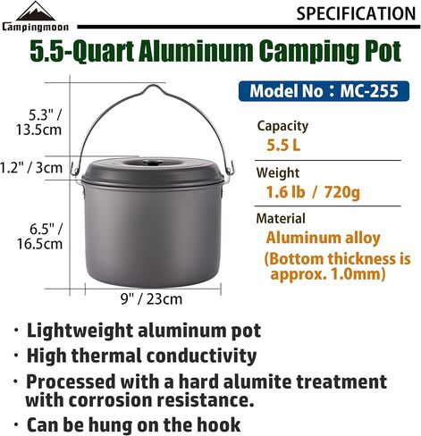 CAMPINGMOON Camping Pot 5.5-Quart Portable Campfire Cooking Hanging Pot Lightweight Aluminum MC-255 in Saudi Arabia