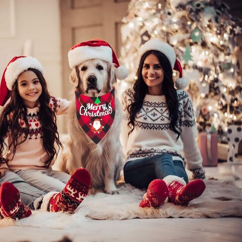 ADOGGYGO 2 Pack Dog Bandana Christmas Classic Plaid Pet Scarf Triangle Bibs Kerchief Merry Christmas Santa Snowman Print Pet Bandana for Medium Large Dogs Pets (Christmas-1, Large) in Saudi Arabia