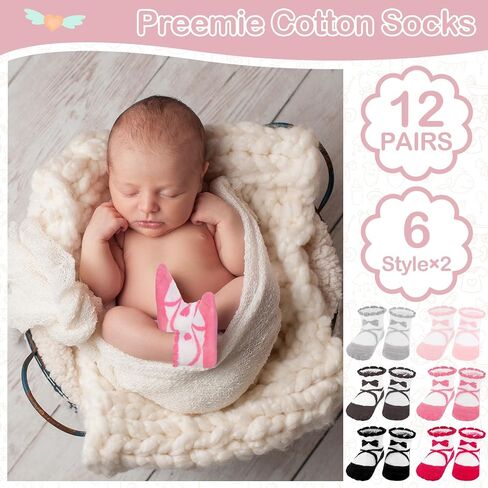 12 Pairs Preemie Socks Baby Girls Boys Premature Ruffle Socks Preemie Turn Cuff Cotton Socks Hospital NICU for Newborn (Ballet Style) in Saudi Arabia