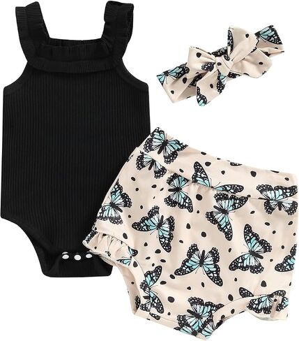 Sejardin Newborn Baby Girl Summer Clothes Letter Print Ruffle Sleeveless Ribbed Romper and Floral Shorts Infant Outfit in Kuwait