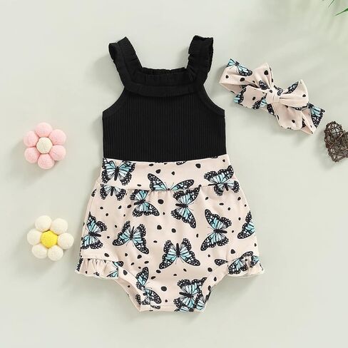 Sejardin Newborn Baby Girl Summer Clothes Letter Print Ruffle Sleeveless Ribbed Romper and Floral Shorts Infant Outfit in Kuwait