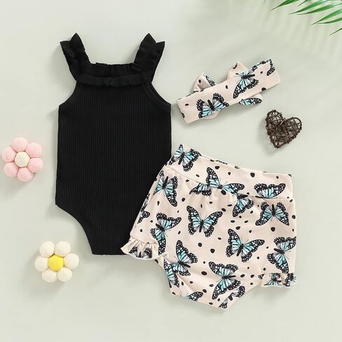 Sejardin Newborn Baby Girl Summer Clothes Letter Print Ruffle Sleeveless Ribbed Romper and Floral Shorts Infant Outfit in Kuwait