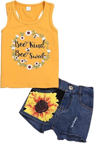 2pcs/Set Toddler Kids Baby Girl Sleeveless Floral T-Shirt Top Sunflower Denim Jeans Shorts Outfits 1-8T in Saudi Arabia