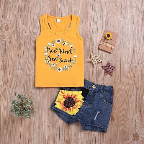 2pcs/Set Toddler Kids Baby Girl Sleeveless Floral T-Shirt Top Sunflower Denim Jeans Shorts Outfits 1-8T in Saudi Arabia