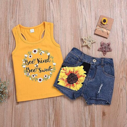 2pcs/Set Toddler Kids Baby Girl Sleeveless Floral T-Shirt Top Sunflower Denim Jeans Shorts Outfits 1-8T in Saudi Arabia
