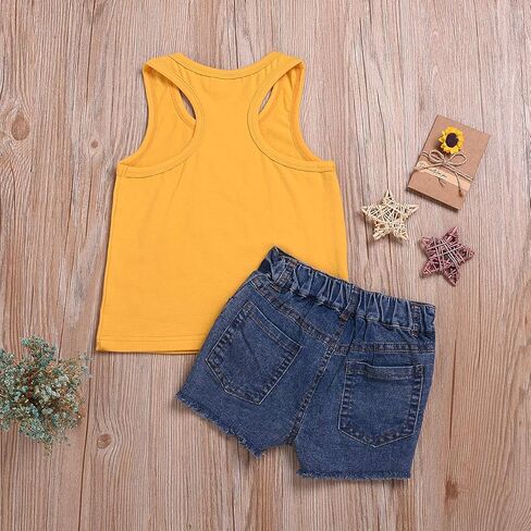 2pcs/Set Toddler Kids Baby Girl Sleeveless Floral T-Shirt Top Sunflower Denim Jeans Shorts Outfits 1-8T in Saudi Arabia