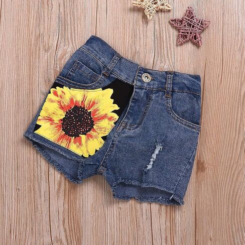 2pcs/Set Toddler Kids Baby Girl Sleeveless Floral T-Shirt Top Sunflower Denim Jeans Shorts Outfits 1-8T in Saudi Arabia