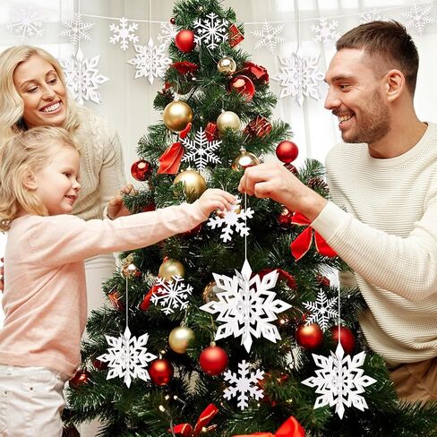 30pcs Hanging Snowflake Decorations, 3D Paper Snowflakes Ornaments, Large Snowflake Garland for White Christmas Decorations, Christmas Winter Wonderland Indoor Home Decor New Year Party Decorations in Kuwait