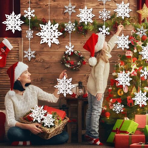 30pcs Hanging Snowflake Decorations, 3D Paper Snowflakes Ornaments, Large Snowflake Garland for White Christmas Decorations, Christmas Winter Wonderland Indoor Home Decor New Year Party Decorations in Kuwait