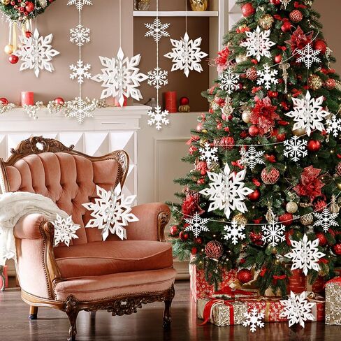 30pcs Hanging Snowflake Decorations, 3D Paper Snowflakes Ornaments, Large Snowflake Garland for White Christmas Decorations, Christmas Winter Wonderland Indoor Home Decor New Year Party Decorations in Kuwait