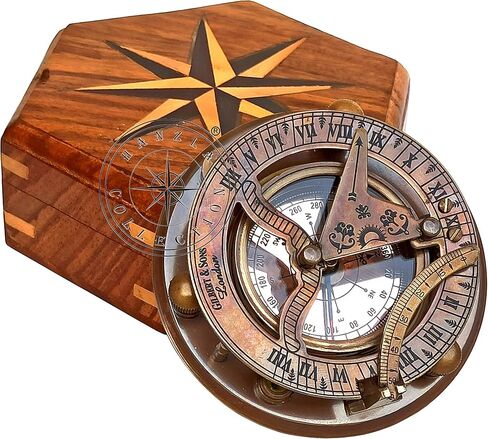 هانزلا كوليكشن ساعة بمينا شمسية مصنوعة يدويا من النحاس الاصفر مع هيكل خشبي - ساعة جيلبرت بمينا شمسية للملاحة بمينا الشمس، ساعة شمسية مغناطيسية، هدية طبق الاصل للسفينة in Kuwait