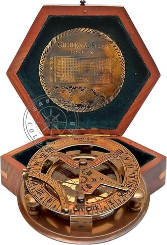 هانزلا كوليكشن ساعة بمينا شمسية مصنوعة يدويا من النحاس الاصفر مع هيكل خشبي - ساعة جيلبرت بمينا شمسية للملاحة بمينا الشمس، ساعة شمسية مغناطيسية، هدية طبق الاصل للسفينة in Kuwait