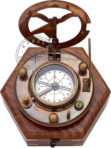 هانزلا كوليكشن ساعة بمينا شمسية مصنوعة يدويا من النحاس الاصفر مع هيكل خشبي - ساعة جيلبرت بمينا شمسية للملاحة بمينا الشمس، ساعة شمسية مغناطيسية، هدية طبق الاصل للسفينة in Kuwait