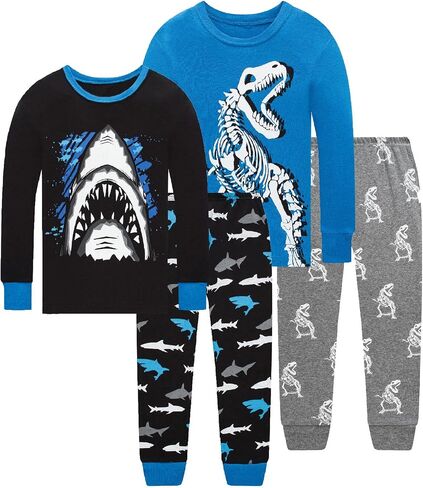Little bety Boys 4 Pieces Cotton Pajamas Toddlers Long Sleeve 24M-12Years | Soft Sleepwear Sets With Truck ，Dinosaur，Space， UFO ，Shark Prints For Kids in Kuwait