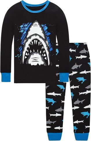 Little bety Boys 4 Pieces Cotton Pajamas Toddlers Long Sleeve 24M-12Years | Soft Sleepwear Sets With Truck ，Dinosaur，Space， UFO ，Shark Prints For Kids in Kuwait