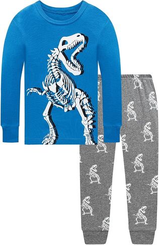 Little bety Boys 4 Pieces Cotton Pajamas Toddlers Long Sleeve 24M-12Years | Soft Sleepwear Sets With Truck ，Dinosaur，Space， UFO ，Shark Prints For Kids in Kuwait
