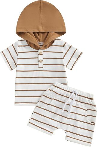FOCUSNORM Toddler Baby Boy Summer Clothes Baseball Short Sleeve Hooded T-Shirt Elastic Waist Shorts Newborn Infant Boy Outfit in Saudi Arabia