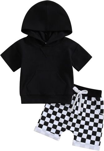 FOCUSNORM Toddler Baby Boy Summer Clothes Baseball Short Sleeve Hooded T-Shirt Elastic Waist Shorts Newborn Infant Boy Outfit in Saudi Arabia