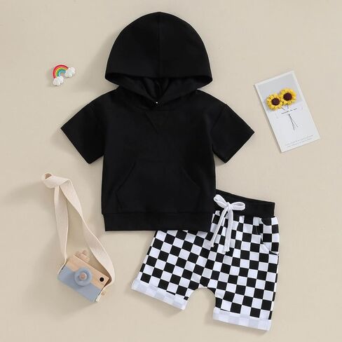 FOCUSNORM Toddler Baby Boy Summer Clothes Baseball Short Sleeve Hooded T-Shirt Elastic Waist Shorts Newborn Infant Boy Outfit in Saudi Arabia