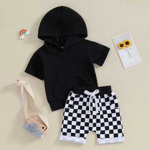 FOCUSNORM Toddler Baby Boy Summer Clothes Baseball Short Sleeve Hooded T-Shirt Elastic Waist Shorts Newborn Infant Boy Outfit in Saudi Arabia