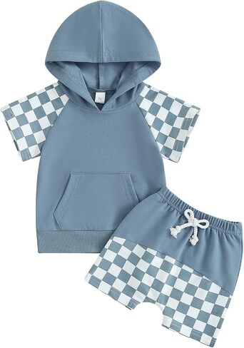 FOCUSNORM Toddler Baby Boy Summer Clothes Baseball Short Sleeve Hooded T-Shirt Elastic Waist Shorts Newborn Infant Boy Outfit in Saudi Arabia