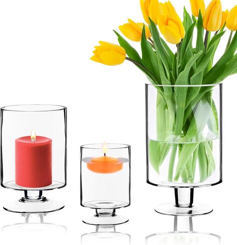 سي واي اس اكسيل مجموعة من 3 قطع من حوامل الشموع العمودية الزجاجية | برطمانات شموع قصيرة الجذع | مزهرية شموع اسطوانية زجاجية in Kuwait